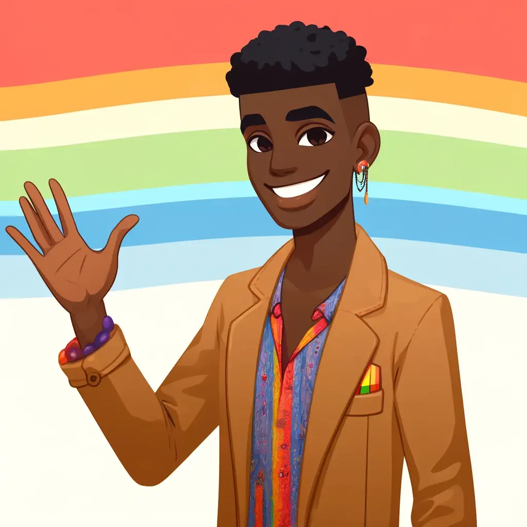 DALL·E 2024-05-17 04.59.20 - Create a cartoon image of an African queer man waving a hand to greet viewers. The man should have a warm, welcoming smile and be dressed in a colorfu